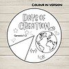 Days of Creation Craft Days of Creation coloring circle for Genesis 1–2 with world globe, stars, moon, birds, and people icons, suitable for homeschooling resources and crafts.
