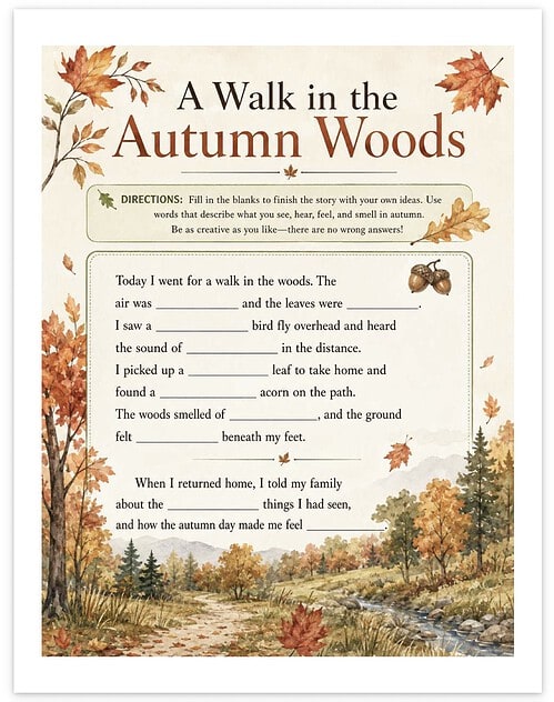 Screenshot Autumn woods walk worksheet for homeschool with fall leaves and nature scene.