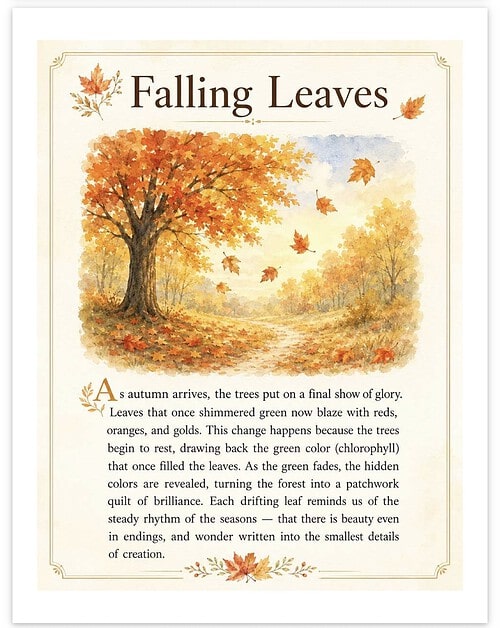 Screenshot Falling Leaves watercolor painting with orange, yellow, and red autumn trees and falling leaves, illustrating the beauty of fall.