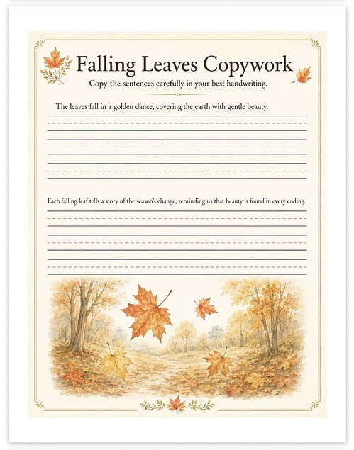 Screenshot Falling Leaves Copywork worksheet with autumn scene and space for handwriting practice.