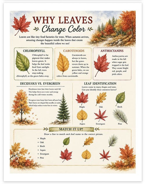 Screenshot Educational infographic about leaves showing their changing colors, types, and identification tips for homeschool learning.