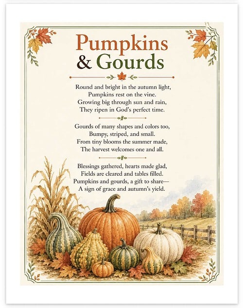 Screenshot Beautiful autumn-themed poster featuring pumpkins and gourds with a poem about fall harvest.