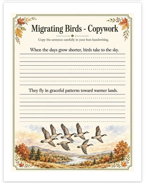 Screenshot Educational worksheet titled 'Migrating Birds - Copywork' with autumn-themed border and illustration of flying birds over a landscape.