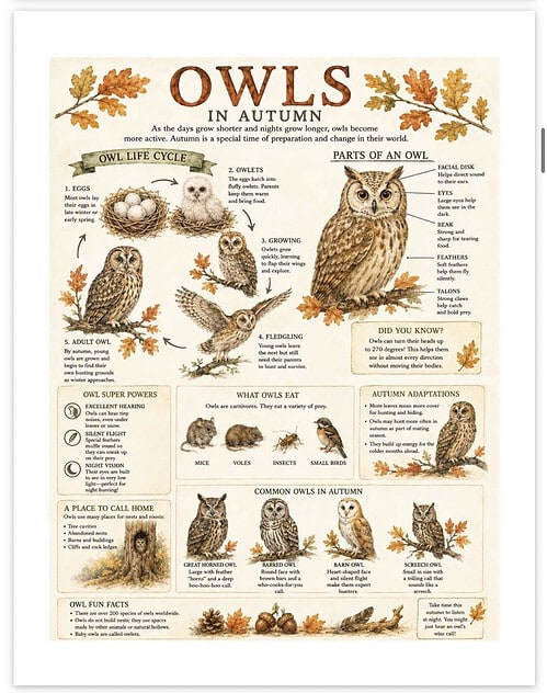 Screenshot Educational poster about owls in autumn, showing owl life cycle, parts of an owl, owl facts, and owl adaptations with illustrations and descriptions.