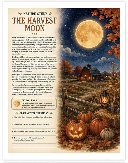 Screenshot Autumn harvest moon with pumpkins and a cozy barn under a starry night sky, perfect for homeschool nature study activities.