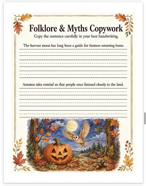 Screenshot Folklore & Myths Copywork worksheet with autumn-themed illustration of a pumpkin, owl, and moonlit forest scene for homeschooling activities.