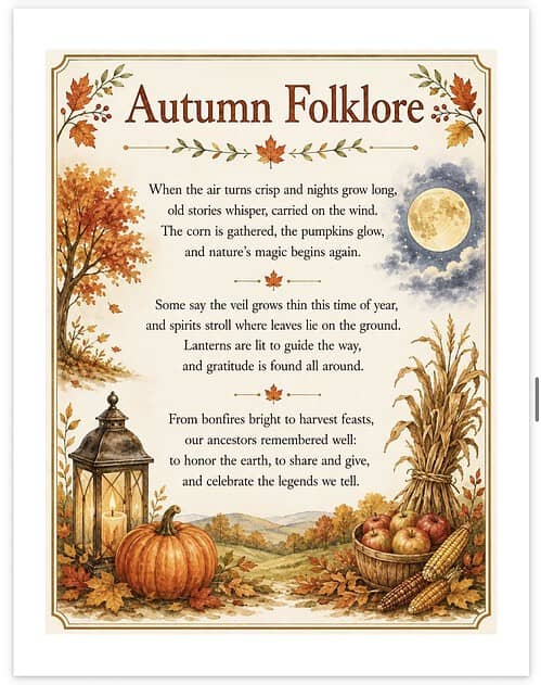 Screenshot Autumn folklore poster featuring pumpkins, a lantern, and a full moon, celebrating fall traditions and harvest.