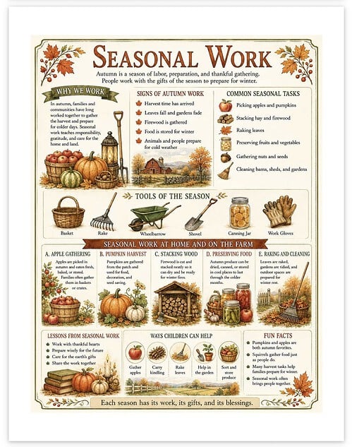 Screenshot Seasonal work poster with autumn-themed illustrations of pumpkins, tools, and activities for homeschooling during fall.