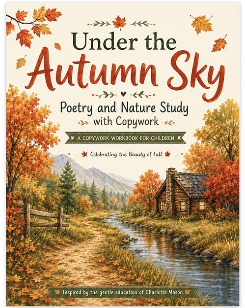 Screenshot Under the Autumn Sky poetry and nature study workbook for children with fall-themed cover art.