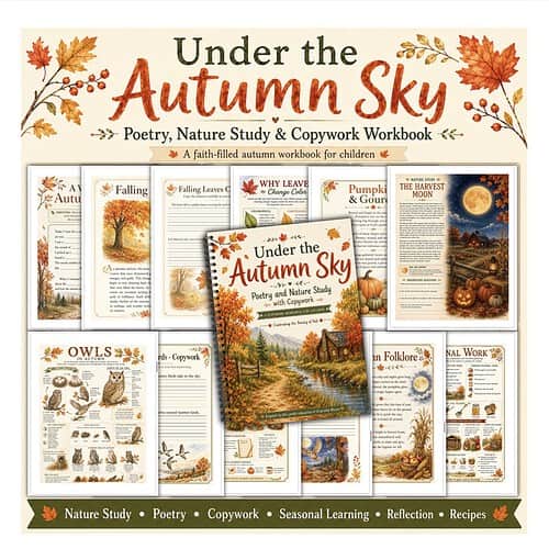 Screenshot Under the Autumn Sky poetry and nature study workbook for children, featuring autumn-themed illustrations and activities.