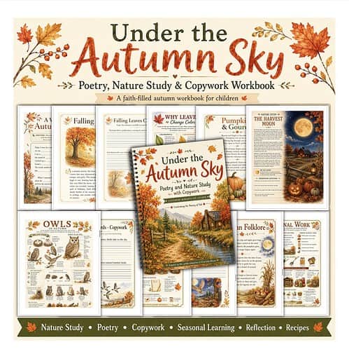 Screenshot Under the Autumn Sky poetry and nature study workbook for children, featuring autumn-themed illustrations and activities.