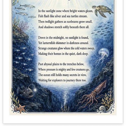Beautiful underwater scene with sea creatures and a poem titled 'Down Through the Blue' for homeschooling resources.
