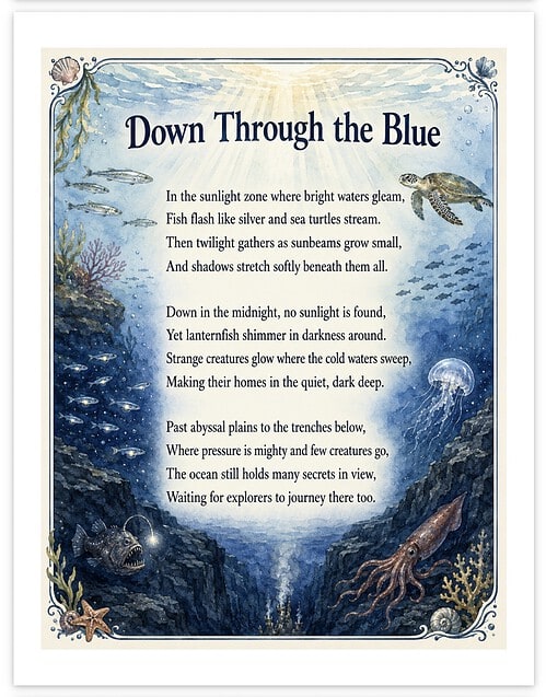Screenshot Beautiful underwater scene with sea creatures and a poem titled 'Down Through the Blue' for homeschooling resources.
