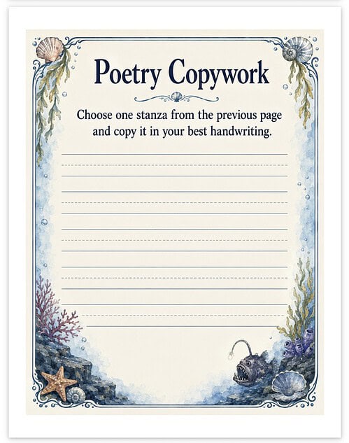 Screenshot Poetry copywork worksheet with ocean-themed border, seashells, starfish, and coral illustrations for homeschool writing practice.