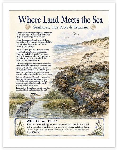 Screenshot Educational poster titled 'Where Land Meets the Sea' featuring seashores, tide pools, and estuaries with illustrations of wildlife and educational content.