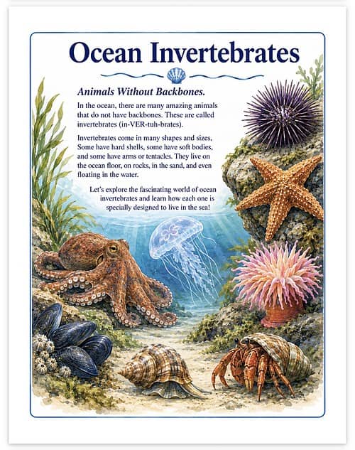 Screenshot Colorful ocean invertebrates including starfish, octopus, jellyfish, and seashells, illustrating marine life without backbones for homeschool science education.