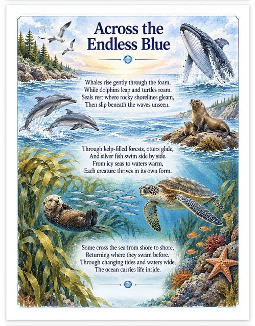 Screenshot Illustration of ocean life with whales, dolphins, turtles, otters, and sea creatures under the title 'Across the Endless Blue' for homeschool educational content.
