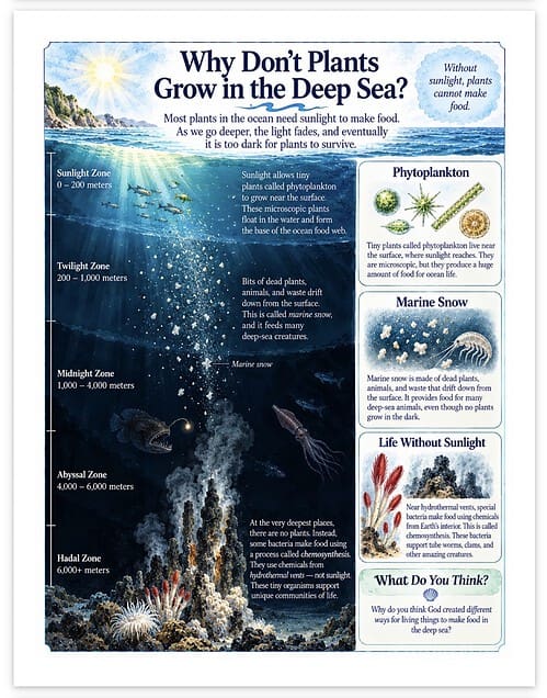 Screenshot Deep sea plants and marine life with infographic explaining why plants don't grow in the deep ocean.