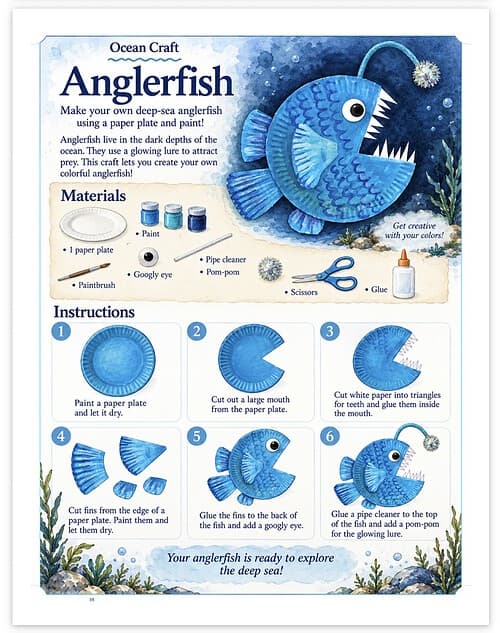 Screenshot Step-by-step guide to making a colorful paper plate anglerfish craft for kids, including materials and instructions.