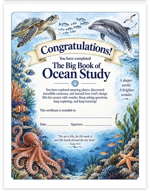 Screenshot Certificate of completion for Ocean Study with marine animals and coral reef illustration, ideal for homeschooling educational resources.