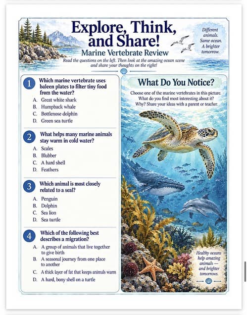 Screenshot Educational marine vertebrate review poster for homeschool learning, featuring ocean animals, sea turtles, dolphins, and marine habitats.