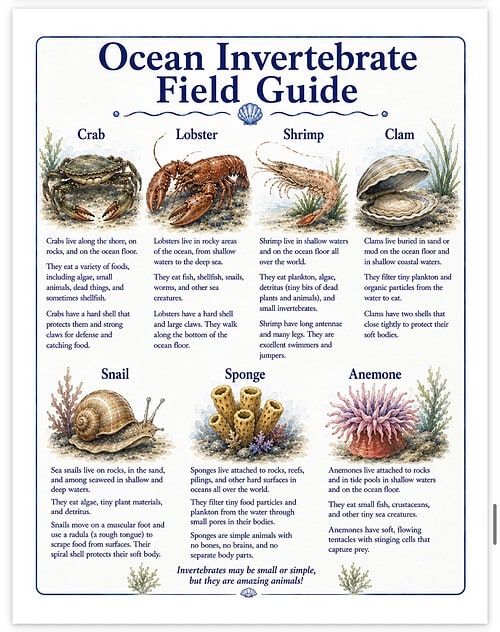 Screenshot Ocean Invertebrate Field Guide featuring crab, lobster, shrimp, clam, snail, sponge, and anemone with descriptions.