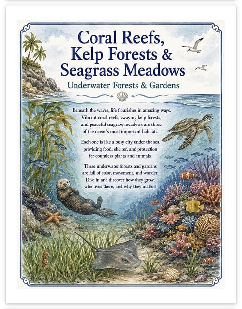 Screenshot Educational poster about coral reefs, kelp forests, and seagrass meadows with underwater animals and plants.