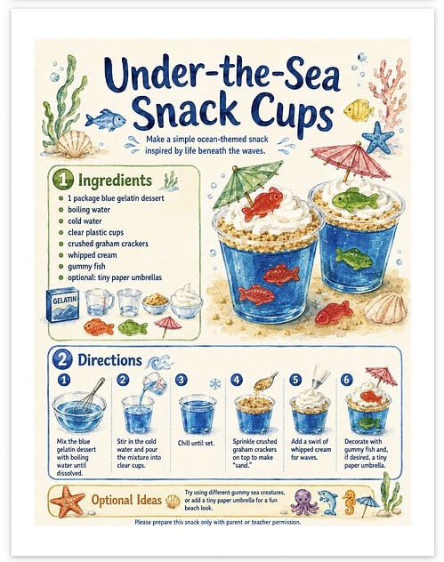 Screenshot Under-the-Sea Snack Cups craft activity for kids with ingredients and step-by-step directions.