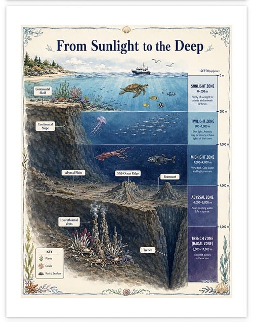 Screenshot Cross-section of the ocean from sunlight to deep sea, showing zones like sunlight, twilight, midnight, abyssal, and trench with marine life and geological features.
