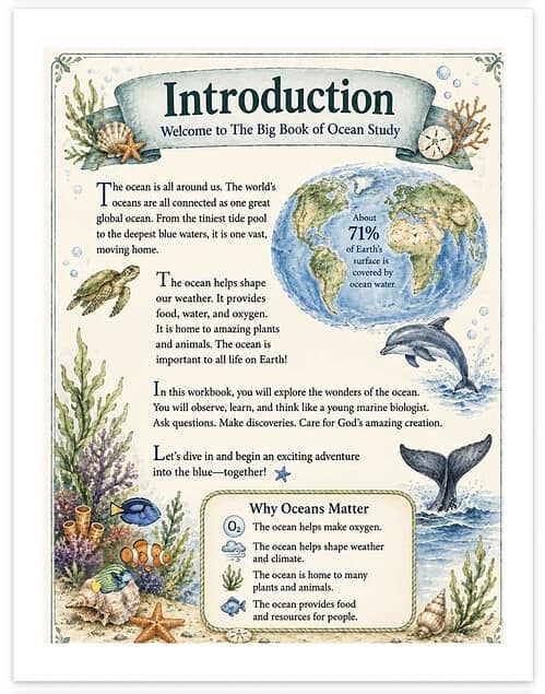Screenshot Introduction to ocean study for homeschool, featuring ocean life, coral reefs, and the importance of oceans for Earth's ecosystem.