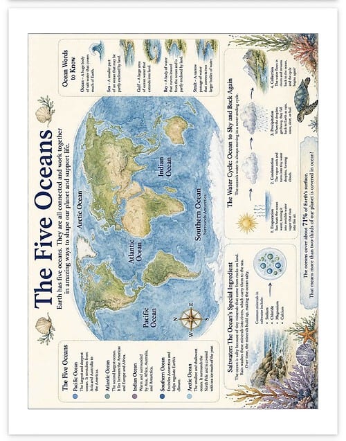 Screenshot Educational world map highlighting the five oceans: Pacific, Atlantic, Indian, Southern, and Arctic, with colorful illustrations of sea creatures and ocean features.