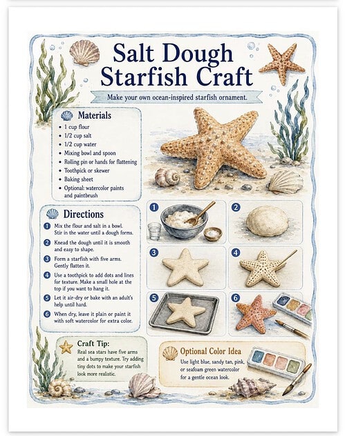 Screenshot Salt Dough Starfish Craft kit with materials and step-by-step instructions for kids to create starfish art.