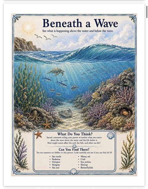 Screenshot Educational poster titled 'Beneath a Wave' illustrating underwater ocean life with coral reefs, fish, and sea creatures for homeschool learning.
