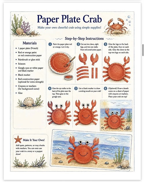 Screenshot Step-by-step instructions for creating a paper plate crab craft, including materials and visual guidance for kids and parents.