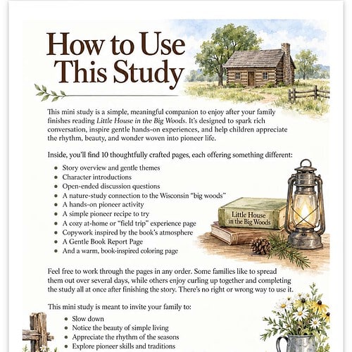 Homeschool resource guide for 'Little House in the Big Woods' with a cozy cabin, lantern, and flowers, ideal for homeschooling families and educational activities.