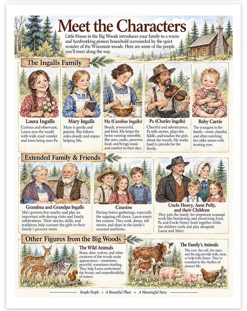 Screenshot Meet the characters from Little House in the Big Woods, including the Ingalls family, extended relatives, and animals, in a detailed illustrated family portrait.