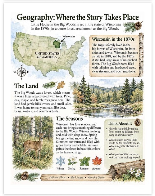 Screenshot Educational image about Wisconsin's geography in the 1870s, including a map, forest scenes, and seasonal changes for homeschooling.