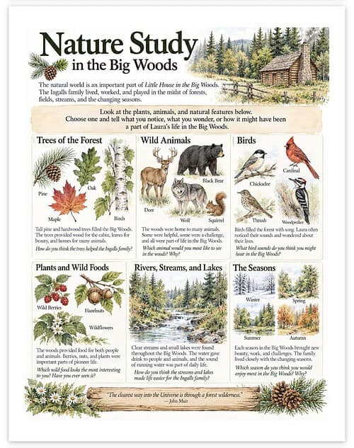Screenshot Educational poster titled 'Nature Study in the Big Woods' featuring trees, wild animals, birds, plants, lakes, and seasons for homeschooling activities.