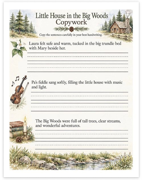 Screenshot Homeschool resource page with Little House in the Big Woods theme, featuring a violin, candle, and nature scene for educational activities.