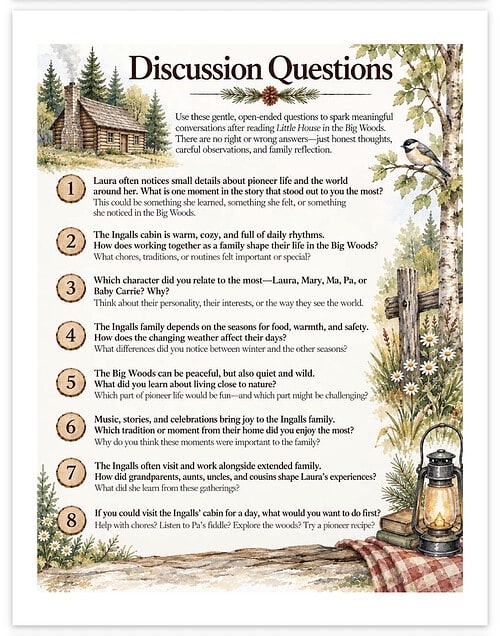 Screenshot Discussion Questions for Homeschooling: Engaging prompts about family rhythms, safety, traditions, and learning activities for homeschooling families.