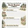Screenshot Homeschool resource worksheet titled 'Little House in the Big Woods Book Report' with sections for title, main characters, and story setting, featuring forest and woodland illustrations.