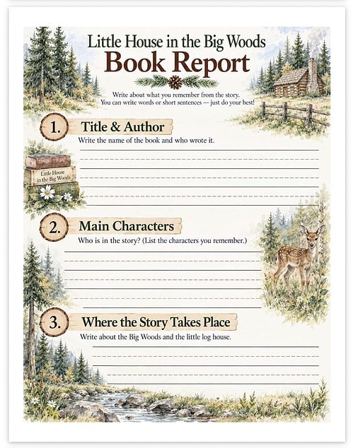 Screenshot Homeschool resource worksheet titled 'Little House in the Big Woods Book Report' with sections for title, main characters, and story setting, featuring forest and woodland illustrations.