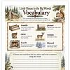 Screenshot Little House in the Big Woods Vocabulary worksheet with words like trundle, pioneer, chore, venison, hearth, and blizzard.
