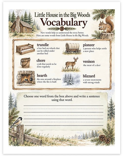 Screenshot Little House in the Big Woods Vocabulary worksheet with words like trundle, pioneer, chore, venison, hearth, and blizzard.