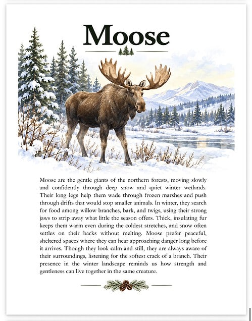 Screenshot Moose standing in a snowy northern forest with evergreen trees and distant mountains, watercolor-style illustration for Homeschool Resource Co.