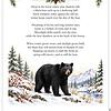 Screenshot American Black Bear in a snowy forest scene with pine trees, hills, and mountains; poem text at top suggesting nature, wildlife, and seasonality.