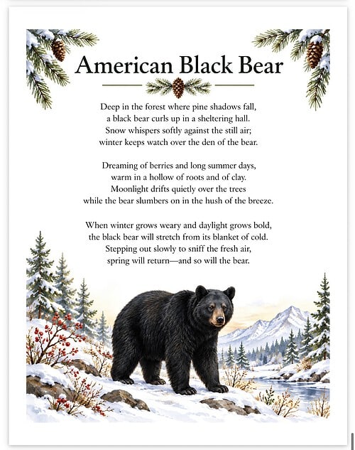 Screenshot American Black Bear in a snowy forest scene with pine trees, hills, and mountains; poem text at top suggesting nature, wildlife, and seasonality.