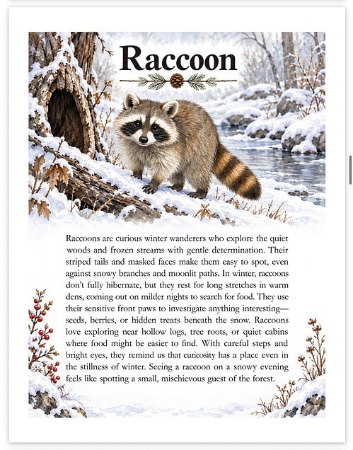 Screenshot Raccoon in a snowy forest scene near a hollow log, with pine cones and frost-covered branches, from Homeschool Resource Co.