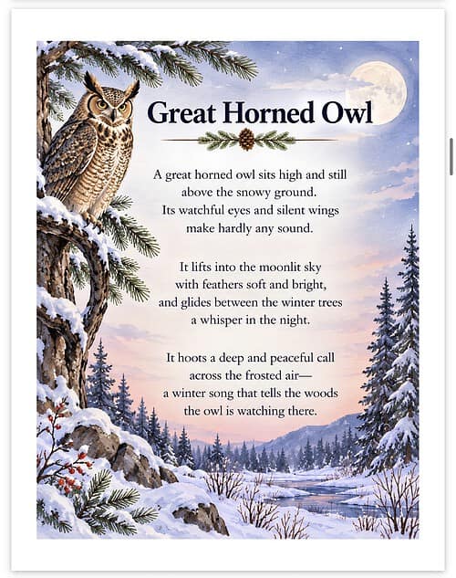 Screenshot Great Horned Owl perched on a snow-dusted branch with a moonlit winter forest scene in the background.