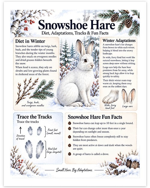 Screenshot Snowshoe Hare infographic detailing diet, adaptations, tracks, and winter facts with a snowy woodland scene and a white hare at center.